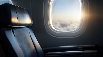 A serene airplane interior view featuring a window with clouds outside and sunlight peeking through, creating a calm travel atmosphere.