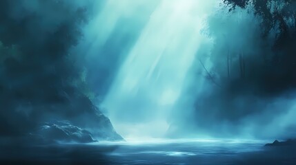 Fototapeta premium Mysterious Blue Lake Surrounded by Forest with Light Rays Shining Through the Mist