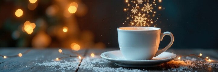 Glittering snowflakes fall from a chandelier above the empty white mug, ornate frames, fairy lights