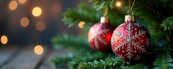 Glittering snowflake ornaments on a fir branch, decoration, ball