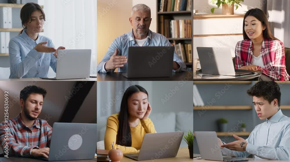 Poster Participants engage in a virtual meeting, displaying various expressions and gestures while discussing projects from their homes, all focused on their laptops during the workday.