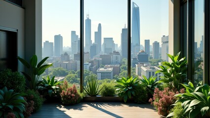 Fototapeta premium Rooftop garden with lush greenery and panoramic city skyline view through glass 