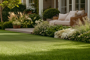 Obraz premium A vibrant turf grass lawn with evenly spread blades, creating a lush and inviting outdoor space.
