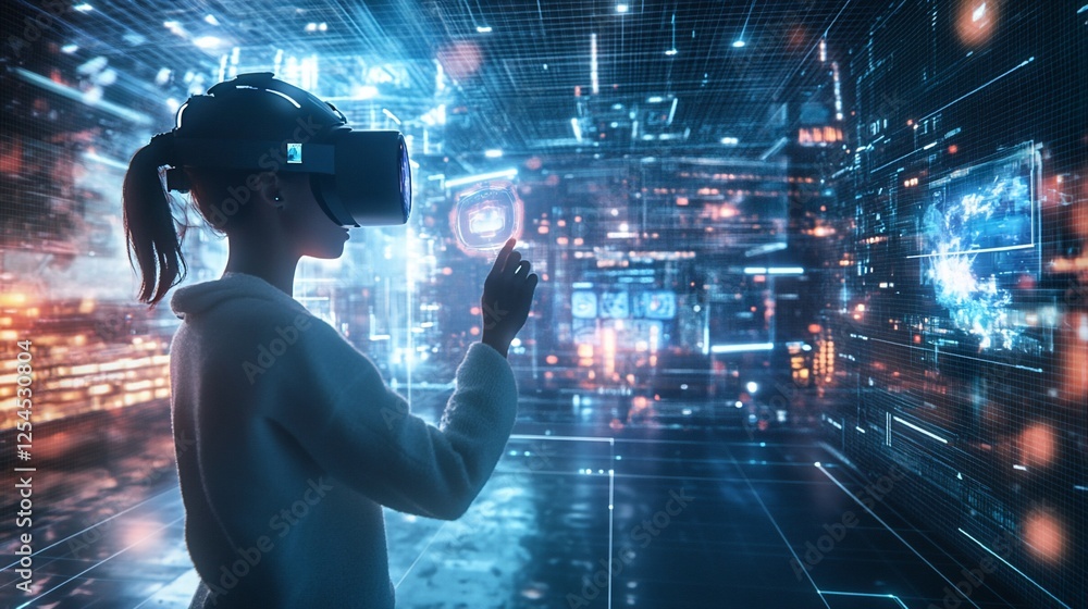 Poster woman interacts with virtual reality using a futuristic headset, exploring a digital interface
