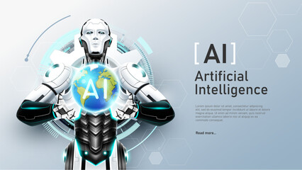 AI Artificial intelligence humanoid holding planet Earth on hand, Artificial Intelligence world technology disruption concept, vector illustration
