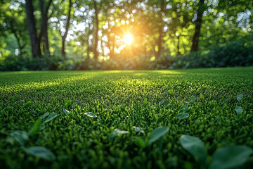 A thick, healthy layer of grass forming a soft, dense carpet across a wide lawn, bathed in bright sunlight, enhancing the green landscape.