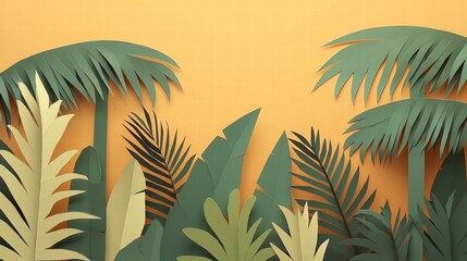 Vibrant Tropical Background Featuring Paper Cut Leaves and Palm Fronds in Shades of Green Against a Warm Orange Backdrop Perfect for Creative Projects