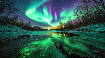 Majestic Northern Lights Dance Over Icy Landscape Reflecting in Calm Waters at Dusk