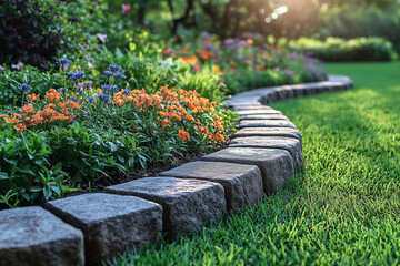 Neat stone or brick lawn edging that provides a defined boundary between a garden bed and a lush green lawn, adding a tidy, polished look to the outdoor space.