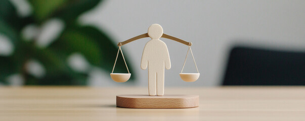 A wooden figurine symbolizing justice stands balanced on a table, representing fairness and legal concepts in business.