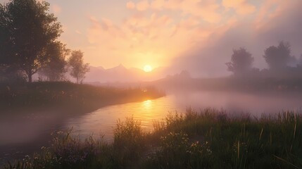 Obraz premium Serene river landscape at sunrise with golden light reflecting on the water surface