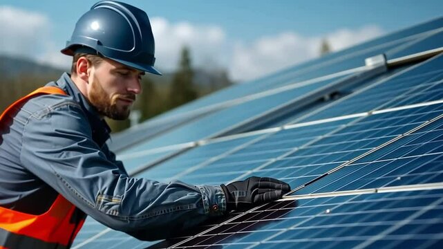 Solar Panel Technician: A focused technician in a hard hat and safety vest meticulously inspects a row of solar panels against a backdrop of a clear blue sky.