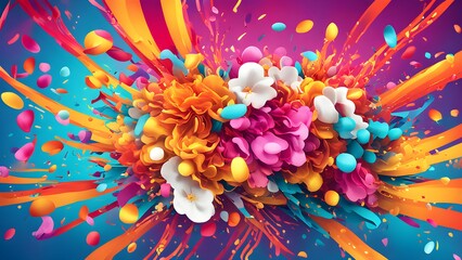 A vibrant explosion of colorful flowers and shapes against a bold background.