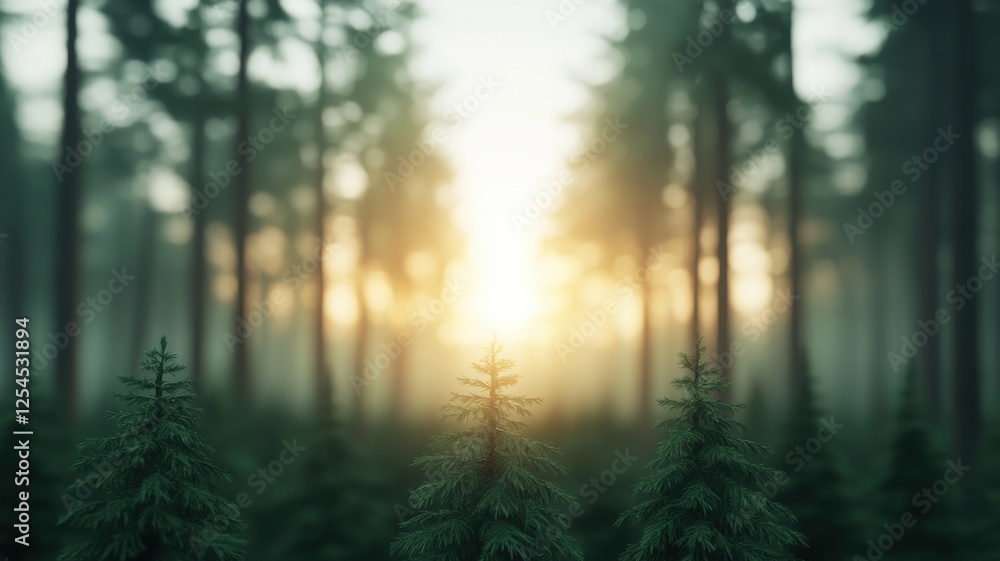 Poster a serene forest scene with sunlight filtering through trees, creating a mystical ambiance filled wit