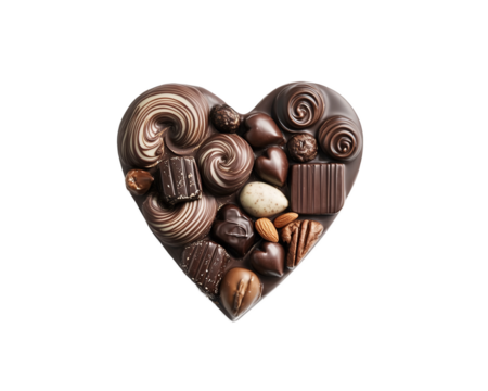 Top-Down View of Heart-Shaped Chocolate Box with Gourmet Assorted Chocolates on transparent background