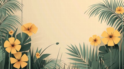Vibrant Tropical Background with Yellow Hibiscus Flowers and Lush Green Leaves, Perfect for Summer Designs and Nature-Themed Projects