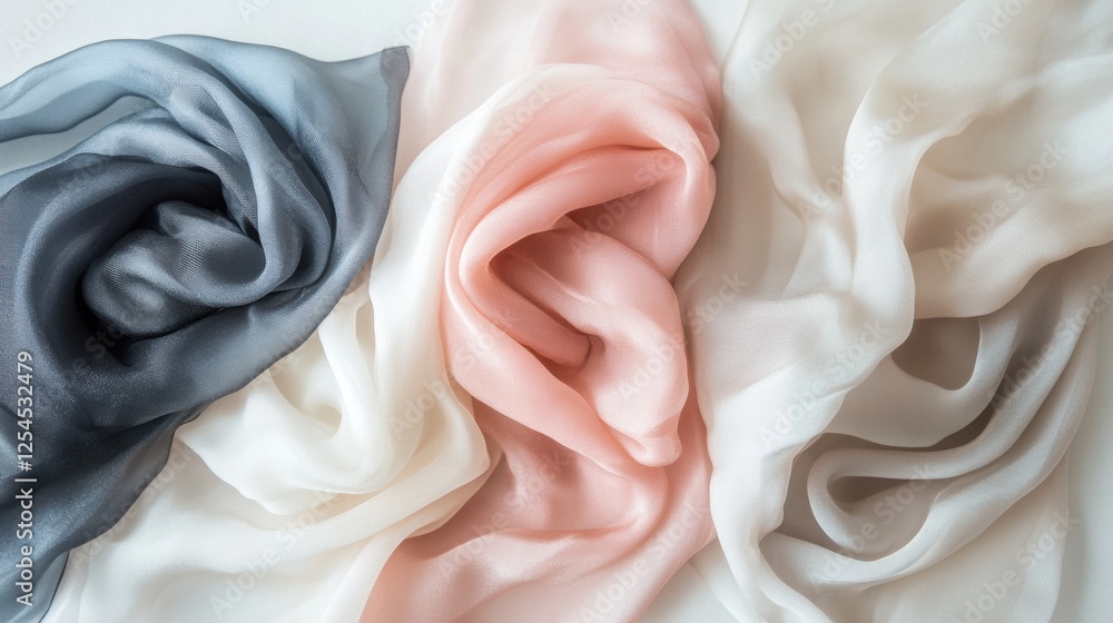 Poster flowing silk fabrics in elegant tones arranged beautifully on a neutral backdrop with soft lighting 