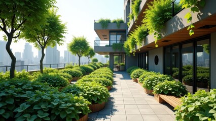 Lush rooftop garden with green plants, modern architecture, and city skyline view	
