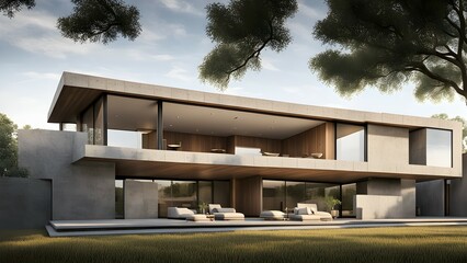 Obraz premium Modern architectural design featuring a spacious, minimalist house with large windows.