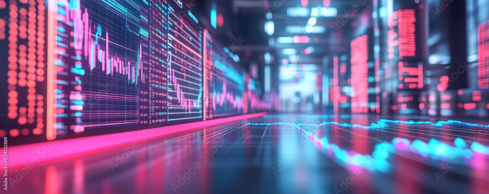 Poster a futuristic corridor illuminated by neon lights and data visualizations, evoking a high-tech enviro