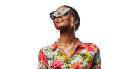 Fashionable woman wearing sunglasses and floral shirt on transparent background
