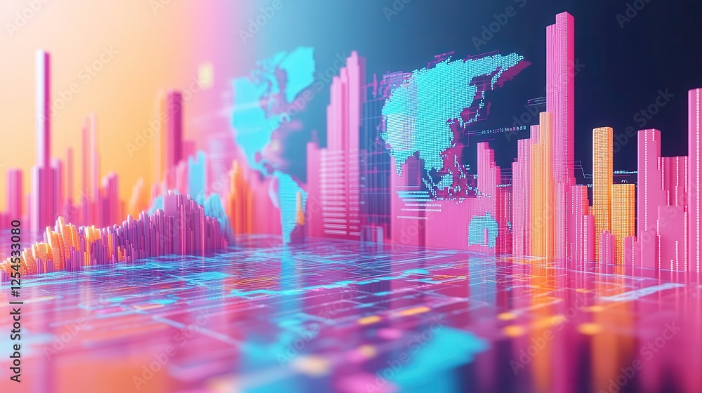 Poster a vibrant digital landscape featuring colorful data visualizations and graphs, representing analytic