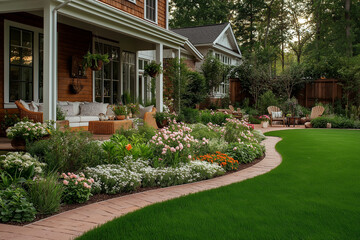 Decorative metal lawn edging creating a clear separation between the garden bed and the lawn, highlighting the neat, manicured outdoor area.