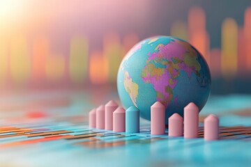 A colorful globe sits among white bars, symbolizing global data trends and analytics in a vibrant digital environment.