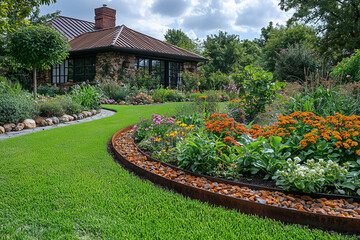 Decorative metal lawn edging creating a clear separation between the garden bed and the lawn, highlighting the neat, manicured outdoor area.