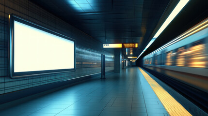 modern subway station with empty platform, illuminated by bright lights and passing train. scene conveys sense of motion and anticipation