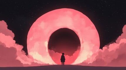 A young woman stands in awe before a colossal, ring-shaped celestial body, bathed in soft pink hues under a starlit sky. A surreal scene.