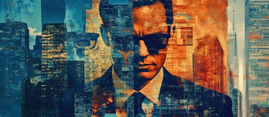 Urban Enigma: A stylized portrait of a man in sunglasses, his face overlaid with a cityscape, creating a mysterious and compelling image that evokes themes of urban life, power, and intrigue.