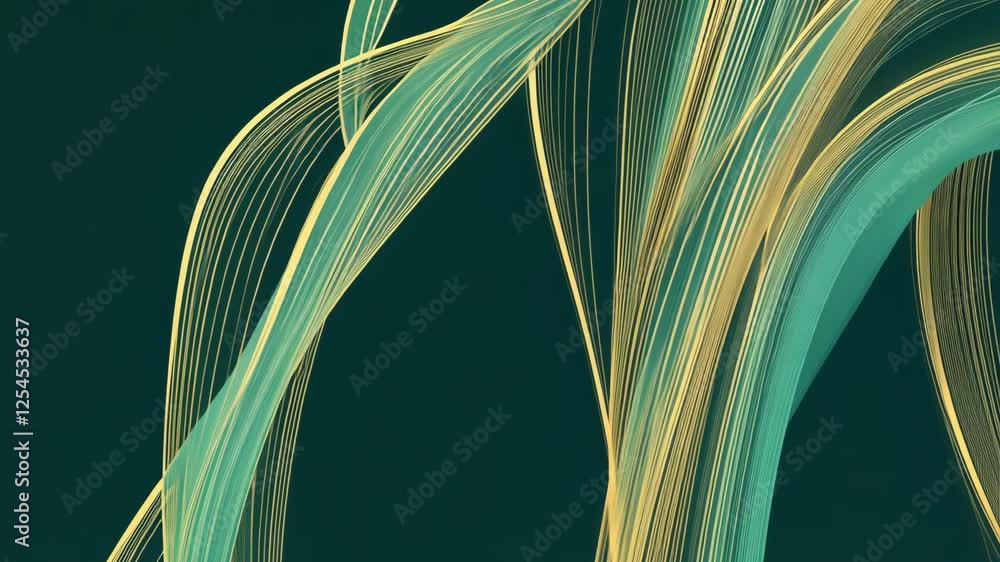 Poster abstract design featuring flowing lines in teal and gold on a dark background