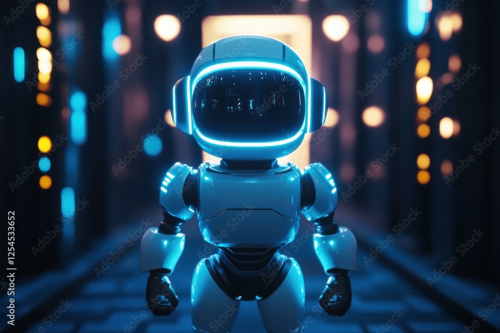 Poster Glowing humanoid robot stands confidently in a futuristic corridor illuminated by soft blue lights. Generative AI