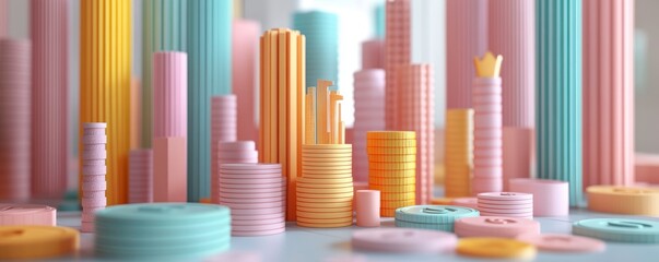 Obraz premium A vibrant arrangement of colorful coins and cylindrical shapes, resembling a playful cityscape made of money.