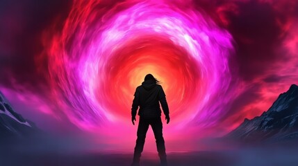 Silhouette of a person facing a vibrant, swirling vortex of pink and red hues against a dramatic mountain backdrop.