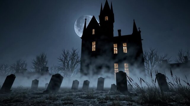 Haunted gothic mansion with full moon and misty graveyard, eerie atmosphere. Horror and mystery concept
