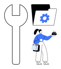 Woman with shopping bags holds a digital device. Nearby, a large wrench and a folder with a gear symbol. Ideal for technology, e-commerce, digital tools, repair services, online shopping, work