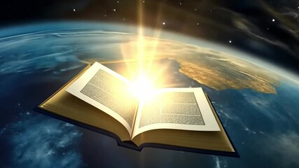 Divine Revelation: An open ancient book radiates a celestial light, positioned over the Earth, symbolizing divine knowledge and enlightenment. The image evokes a sense of spirituality, hope.