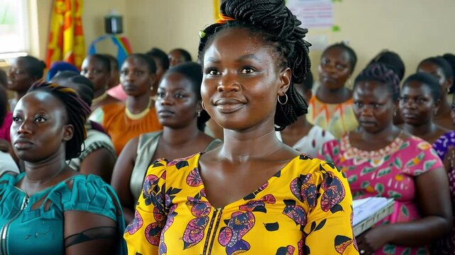 Hopeful Eyes: A young woman with a hopeful smile sits amidst a group of women in a classroom setting, her gaze fixed on the horizon, representing the pursuit of knowledge, progress.