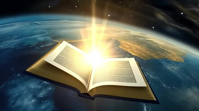 Divine Revelation: An open ancient book radiates a celestial light, positioned over the Earth, symbolizing divine knowledge and enlightenment. The image evokes a sense of spirituality, hope.