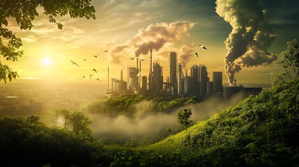 Sunset over Industrial City in Lush Greenery: A Contrast of Nature and Industry