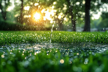 A sprinkler system watering a lush green lawn, creating a refreshing spray over well-maintained grass on a sunny, bright day.