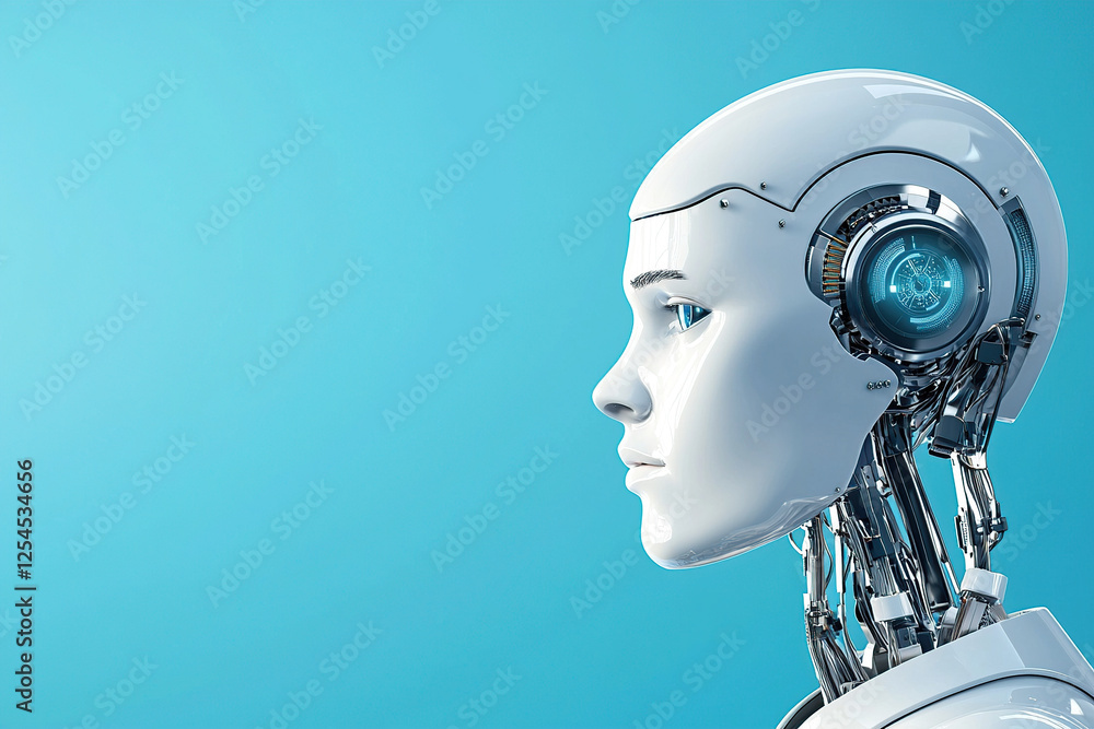 Aufkleber futuristic humanoid robot with sleek design and visible mechanical components is set against blue ba