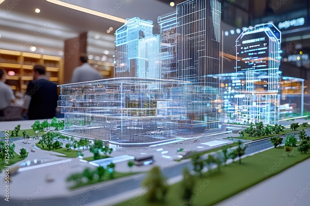 Poster holographic spatial computing models urban development in a contemporary planning hub.
