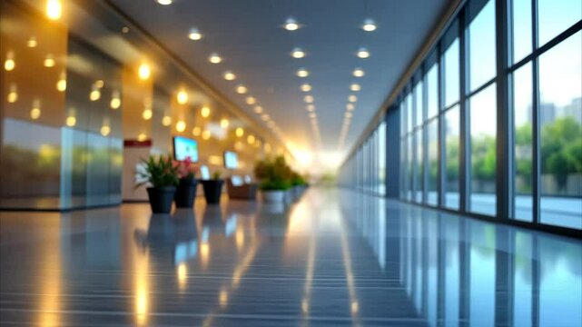 Bright hallway with reflective floor, recessed lighting, and digital screens