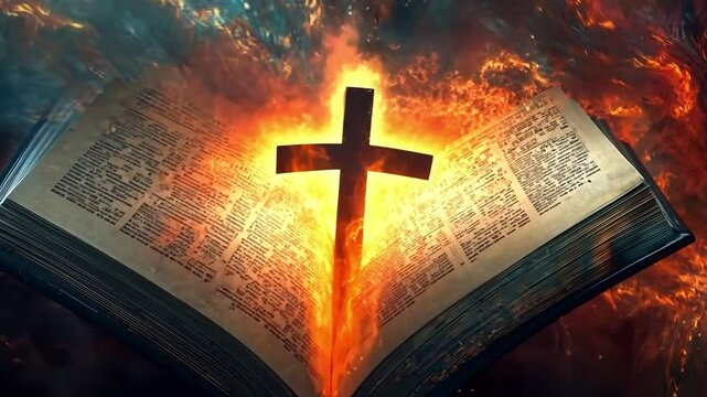 The Fire of Faith: A cross burns brightly on the pages of an open Bible, symbolizing faith and spiritual devotion against a dramatic background of fire and swirling clouds.  