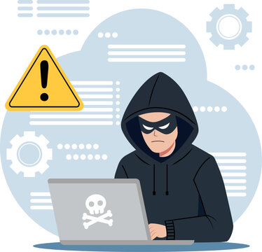 Illustration of a hacker in a black hoodie sitting in front of a laptop. Technology or cyber security theme.