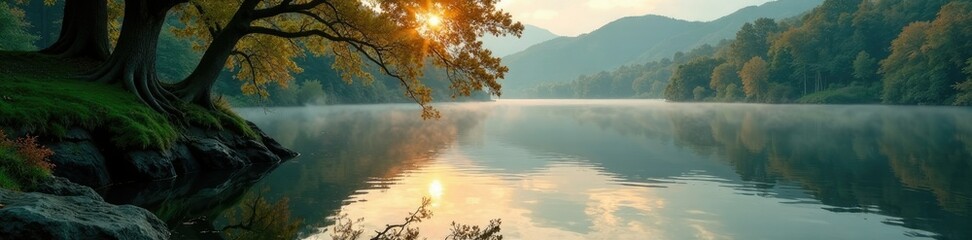 Fototapeta premium Reflections of tree branches in still waters of a peaceful lake, waters, silky