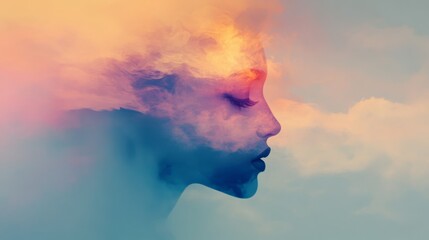 Dreamy portrait of a woman, her face merging with a vibrant, colorful sky. Serenity and inner peace are depicted in this ethereal image.